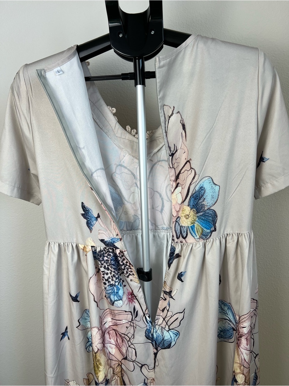 Boho Floral Lace Midi Dress Large Whimsical Beige Cottagecore Prairie Flowy - Picture 5 of 9